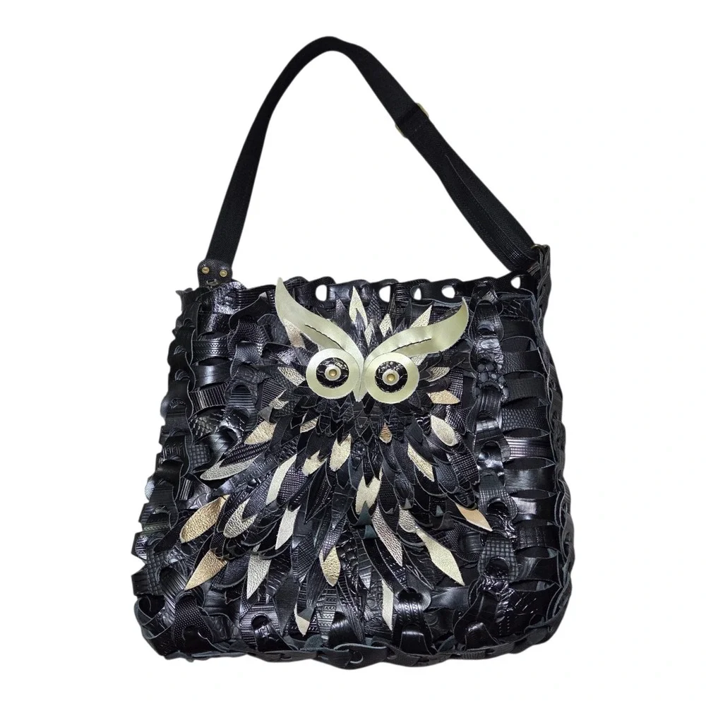 Octopus Owl Shoulder Bag Black Leather Patchwork‎ Purse Boho Art Tote